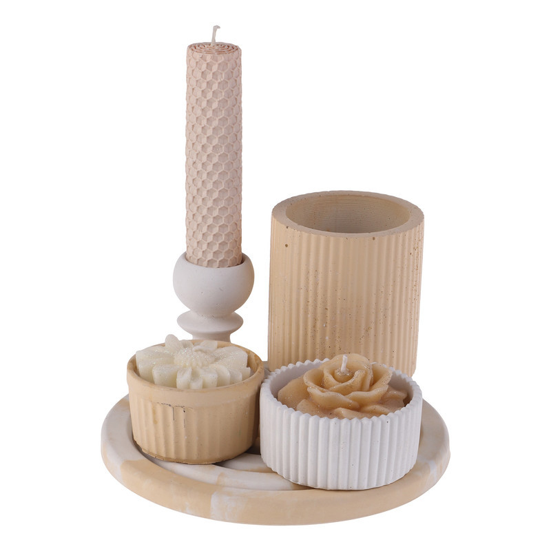 : ست ۶ تکه دکوری بتنی رومیزی طرح باغ شمع شامل شات شمع ، جاشمعی و گلدان