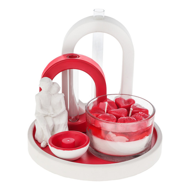 ست ۶ تکه دکوری بتنی رومیزی مدل عاشقانه شامل سینی، گلدان، جاعودی، شات شمع قرمز و مجسمه آغوش