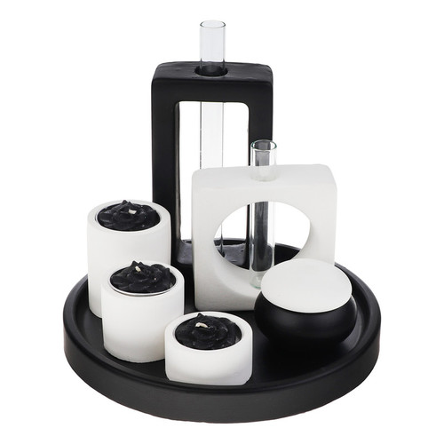 ست۱۰ تکه دکوری بتنی رومیزی طرح کلاسیک شامل سه جاشمعی، دو گلدان، یک جاعودی و یک سینی دایرهای روی