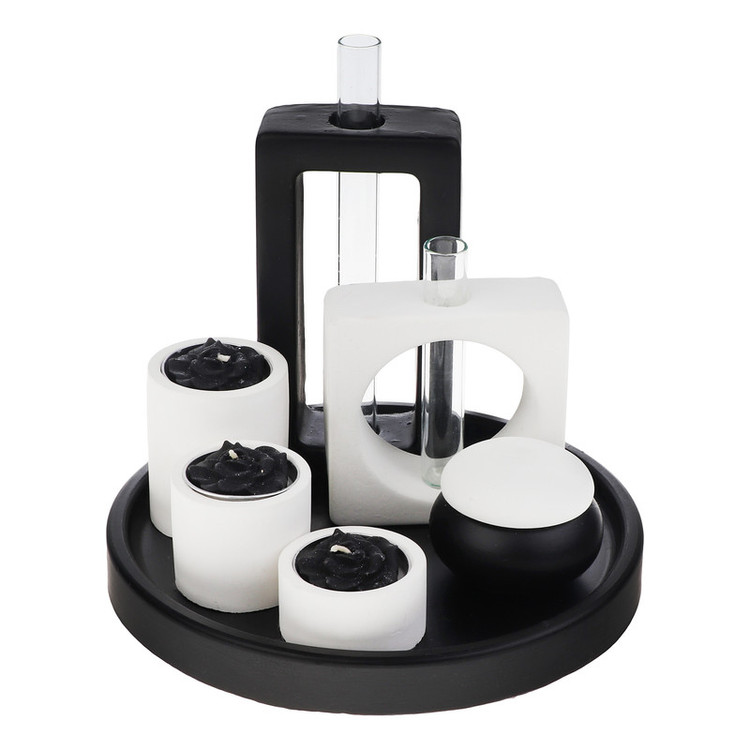 ست۱۰ تکه دکوری بتنی رومیزی طرح کلاسیک شامل سه جاشمعی، دو گلدان، یک جاعودی و یک سینی دایرهای روی