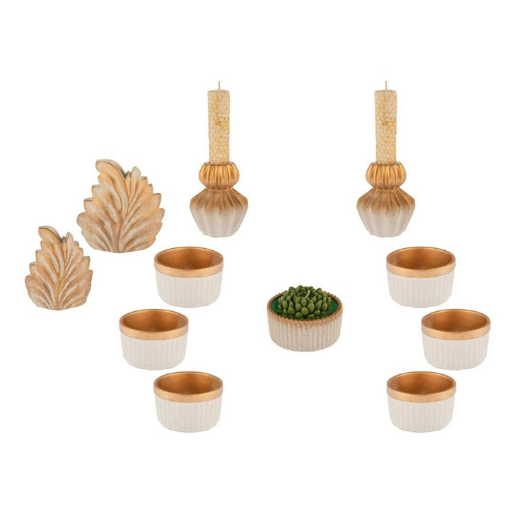 هفت سین بتنی ، مجموعه 11 تکه شامل 6 ظرف ، یک شات شمع مدل سبزه ، دو عدد جاشمعی همراه با شمع موم عسل و دو عدد گلدان فنتزی طرح برگ