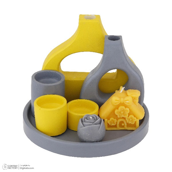 ست رومیزی دکوری بتنی طرح کلبه رنگ زرد-طوسی از نمای روبرو