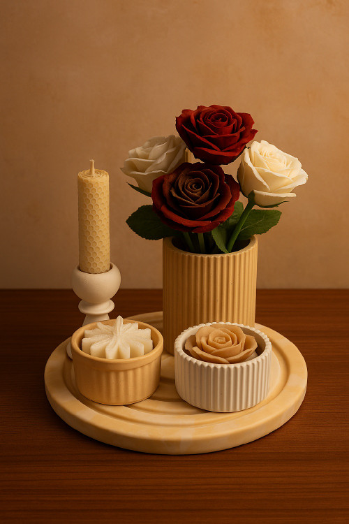 چیدمان کامل ست ۶ تکه دکوری بتنی رومیزی باغ شمع روی میز پذیرایی